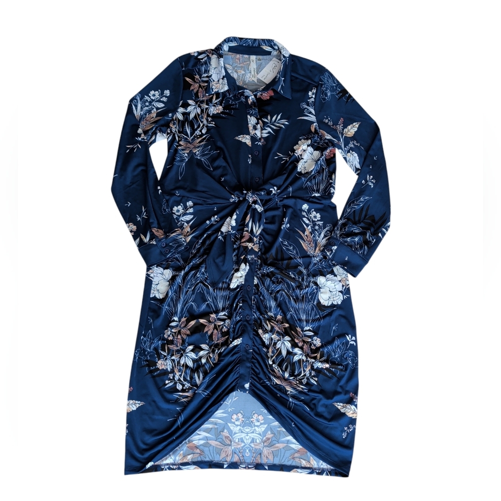 NWT NY Collection Floral Ruched Tie-Front Button Up Shirt Dress PL Navy Blue